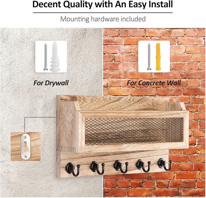 Nekon Mail and Key Holder for Wall Decorative, 11 Inch Wooden Wall Key Organizer - Image 7
