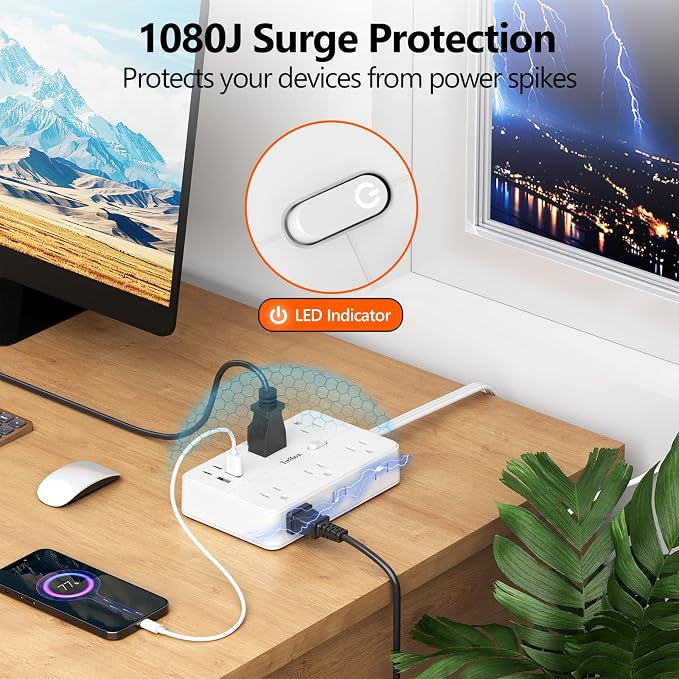 Surge Protector Power Strip 1 FT Flat Extension Cord ，10 AC Outlets & 4 USB - Image 7