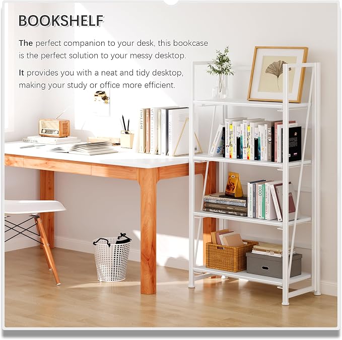 4NM No Assembly Folding Bookshelf Storage Shelves 4 Tiers Vintage Bookcase - Image 3