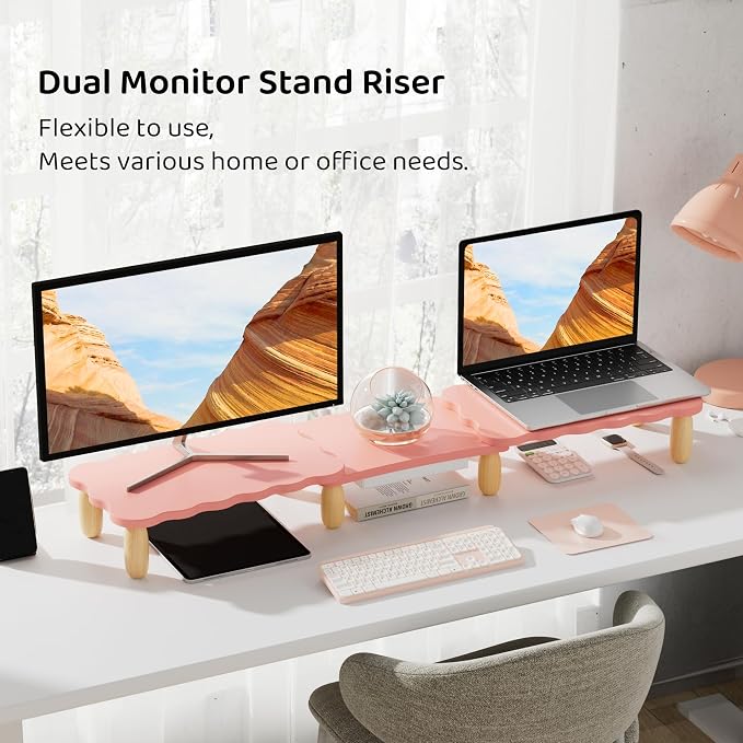 AFOOYO Dual Monitor Riser, Cookie-Shaped Adjustable Length & Swivel Angle - Image 2