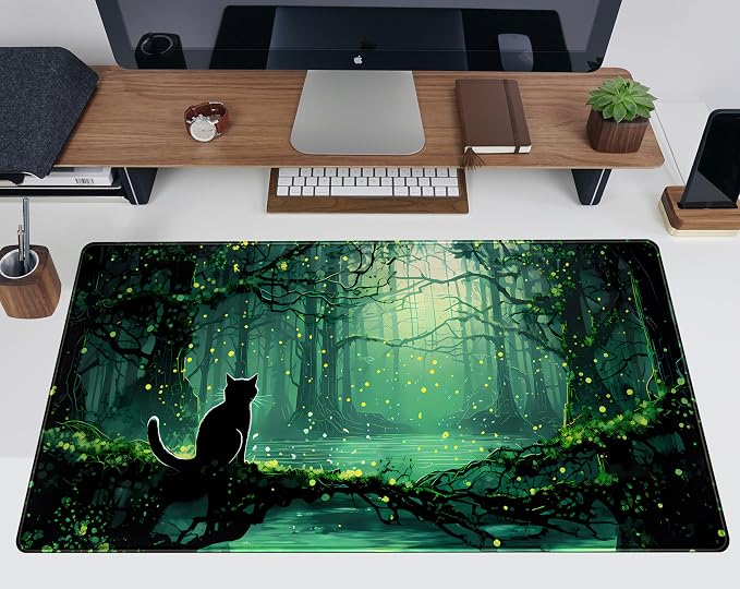 Kawaii Green Forest Desk Pad Mouse Pad Cute Black Cat Desk Mat, XXL Extended - Image 5