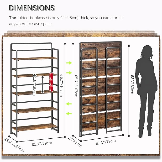 4NM No Assembly Extra Wide 5 Tiers Folding Bookshelf Storage Shelves Vintage - Image 2