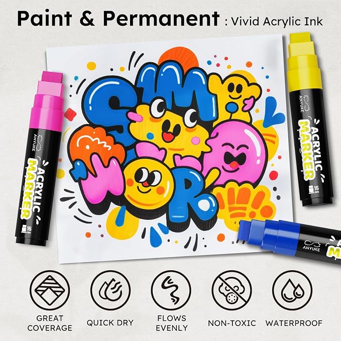 ANYUKE 12 Colors Acrylic Paint Markers - 15mm Jumbo Poster Markers - Image 4