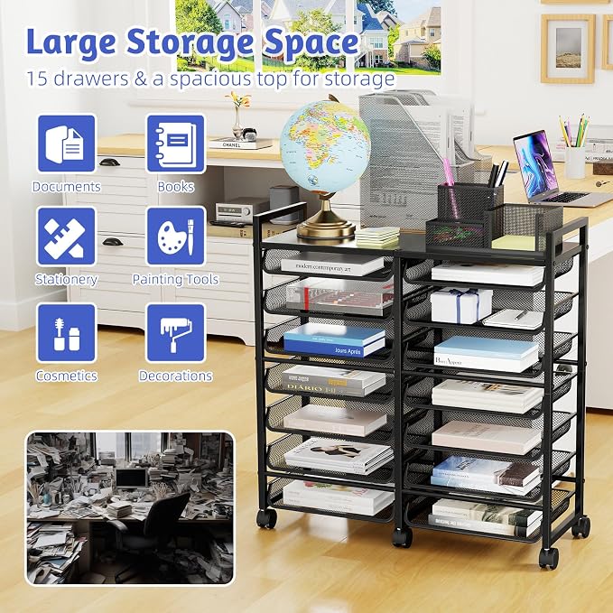 Simple Trending Rolling File Storage Cart, 15-Tier Metal Desk File Organizer - Image 3
