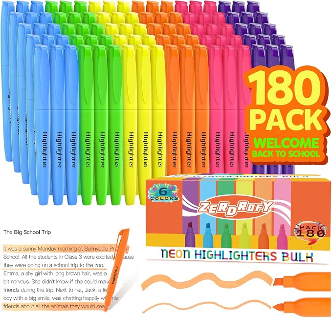 ZERDROFY 180 Count Highlighters Assorted Colors Bulk by ZERDROFY