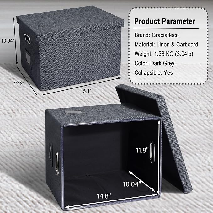 4-Pack Modern Minimalist Dark Gray Collapsible Linen File Folder Box - Image 2