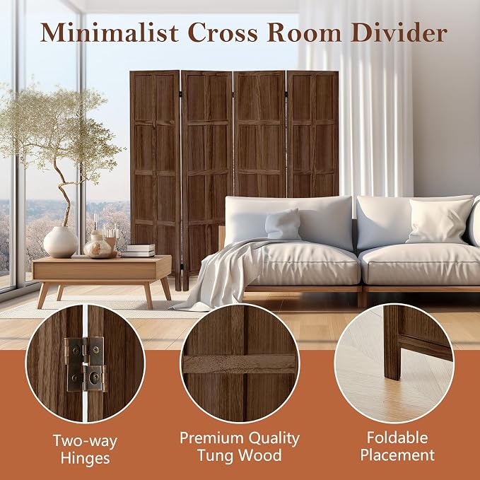 Leesinwing Wood Room Divider 4 Panel Folding Privacy Screen, Classic 5.6Ft - Image 4