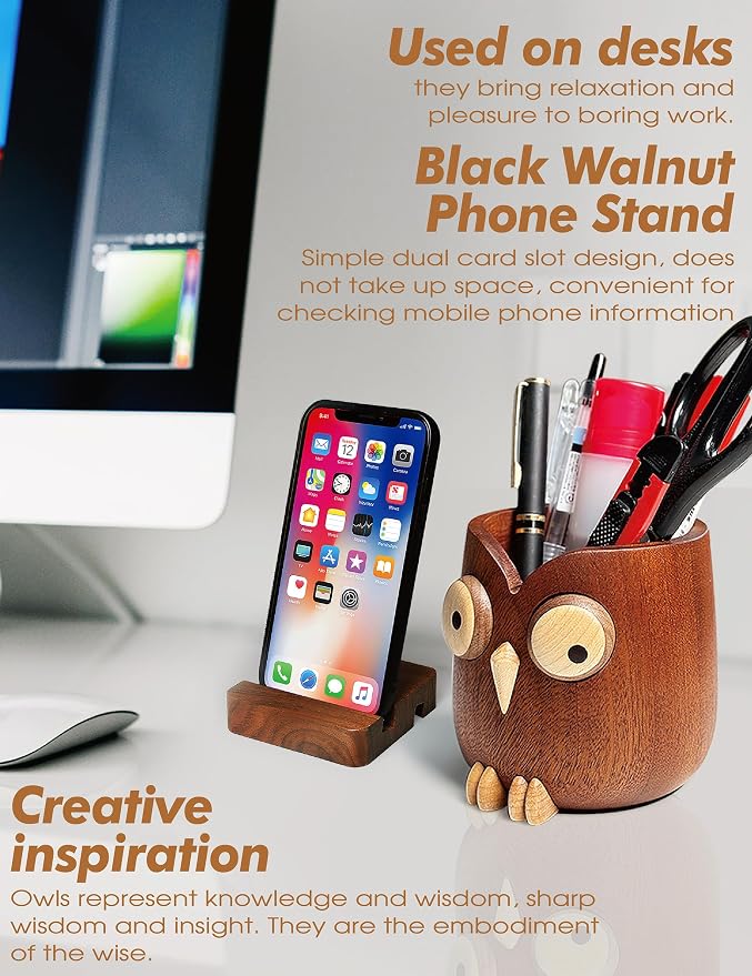 WODTILIFE Cute Owl Pen Holder for desk and walnut Phone Stand, Fun ebony pencil - Image 3