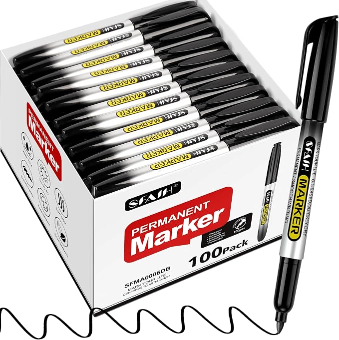 SFAIH 100 Black Permanent Markers Bulk -1s Quick Drying, Fine Point Markers by SFAIH