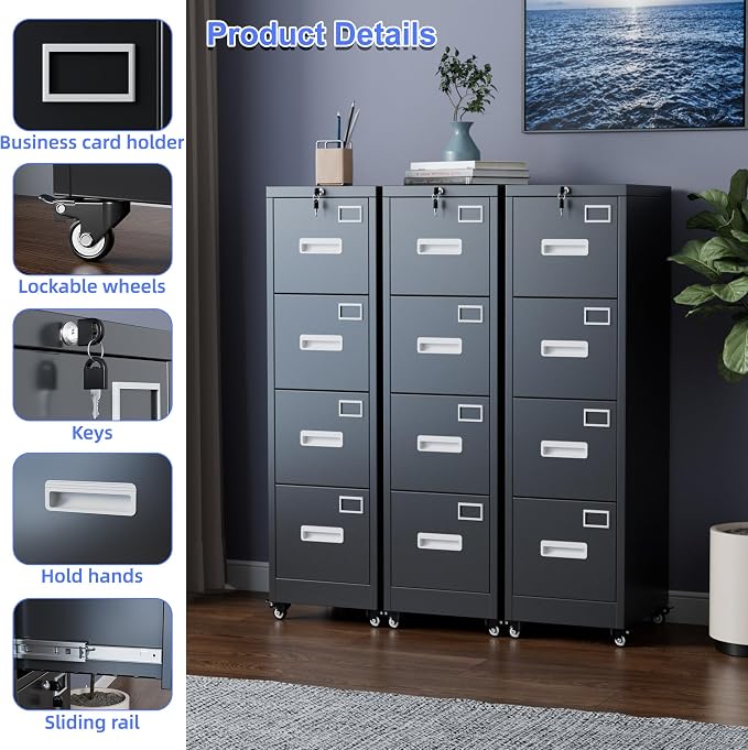 METAN 4 Drawer File Cabinet on Wheels, Lockable Metal Filing Cabinet - Image 4