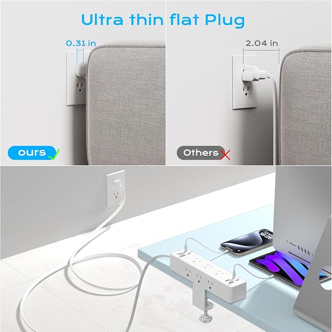 Flat Plug Desk Clamp Power Strip 10FT, 24W Total Charging Station, Desk Edge - Image 4
