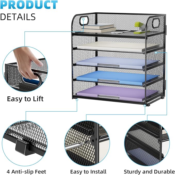 Marbrasse 5 Tier Paper Organizer Letter Tray, Mesh Desk File Organizer - Image 5
