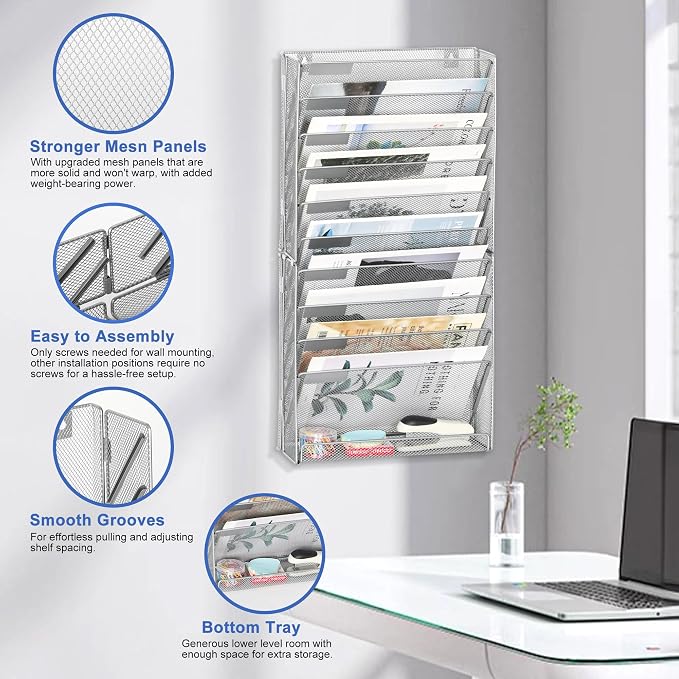 EasyPAG Wall File Holder 10 Tier Mesh Hanging Folder Organizer - Image 2
