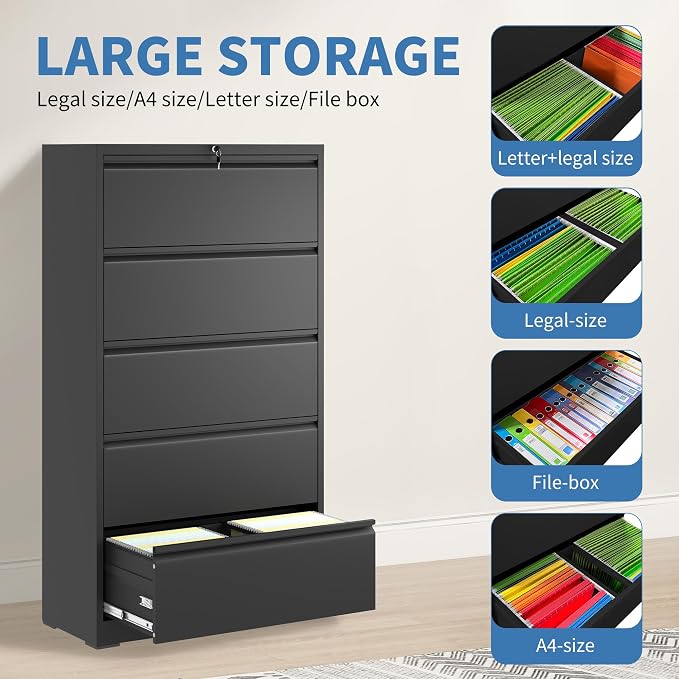 FLIXELIO 5 Drawer File Cabinets, Metal Office Storage Filing Cabinet - Image 4