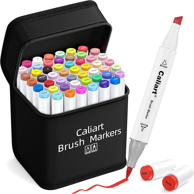 Caliart Alcohol Markers Brush Tip, 51 Colors Dual Tip Artists Coloring Markers by Caliart