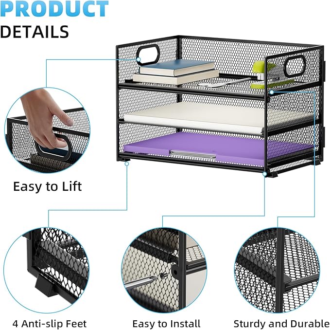 Marbrasse 3 Tier Paper Organizer Letter Tray, Mesh File Organizer - Image 4