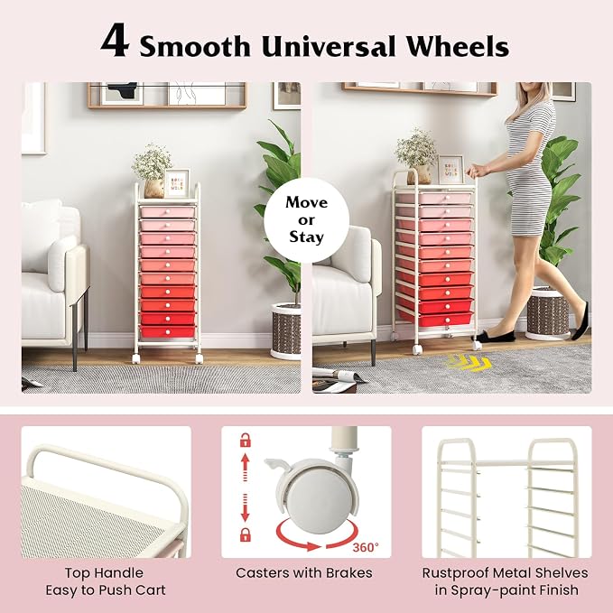 Giantex 10-Drawer Storage Cart w/Universal Wheel, Rolling Cart w/Handle - Image 5