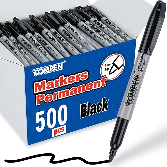 TOMPEN Black Permanent Markers Bulk Fine Tip 500 Pack, Use by TOMPEN