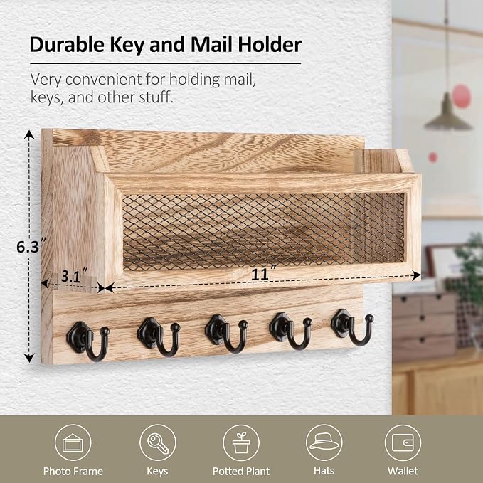 Nekon Mail and Key Holder for Wall Decorative, 11 Inch Wooden Wall Key Organizer - Image 6