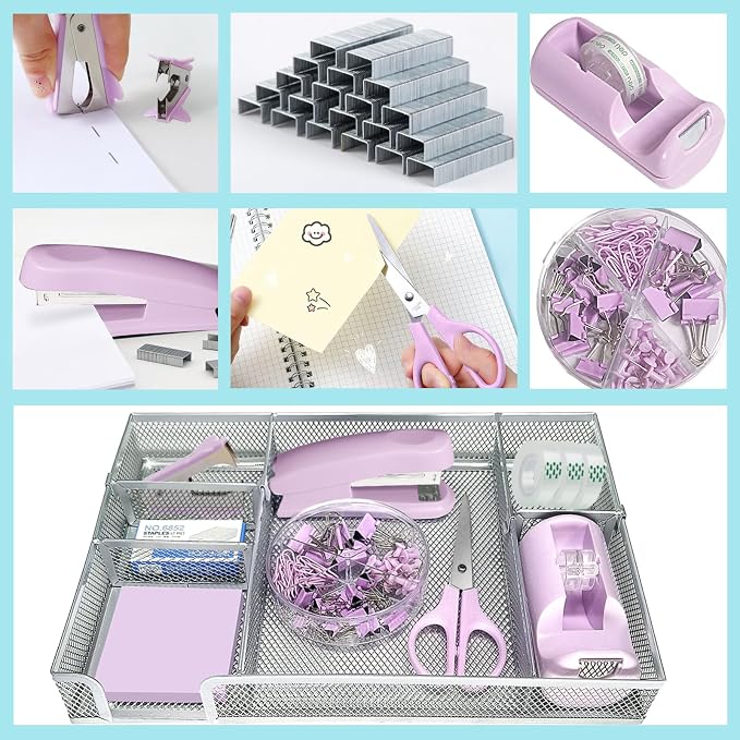 Purple Office Desk Accessories, Stapler and Tape Dispenser Set, Staple Remover - Image 4