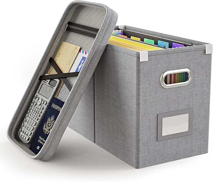 Oterri File Organizer Box with Lid, Hanging Filing File Box with Mesh Pocket by Oterri
