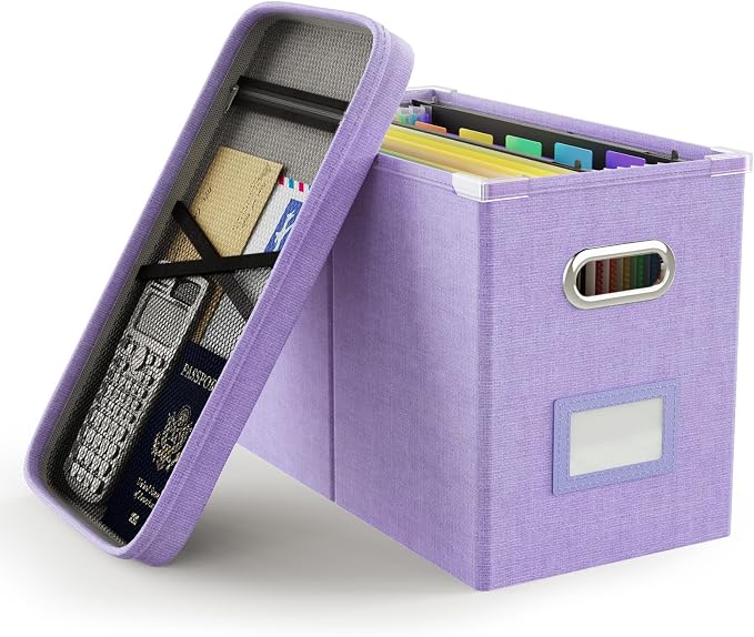Oterri File Organizer Box with Lid, Hanging Filing File Box with Mesh Pocket by Oterri