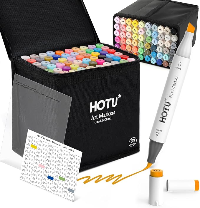 HOTU Alcohol Markers Brush Tip -60 Virant Colors Daul Tips Art Markers Set by HOTU