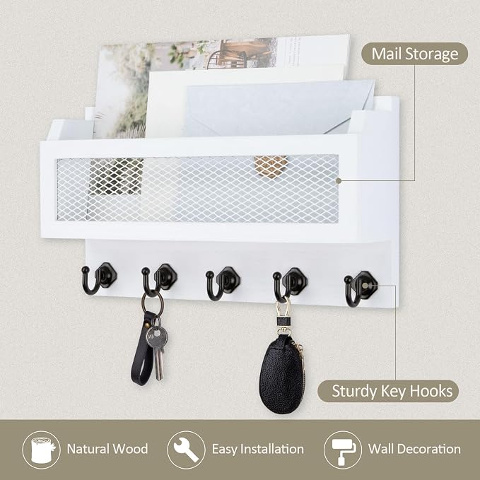 Nekon Mail and Key Holder for Wall Decorative, 11 Inch Wooden Wall Key Organizer - Image 3