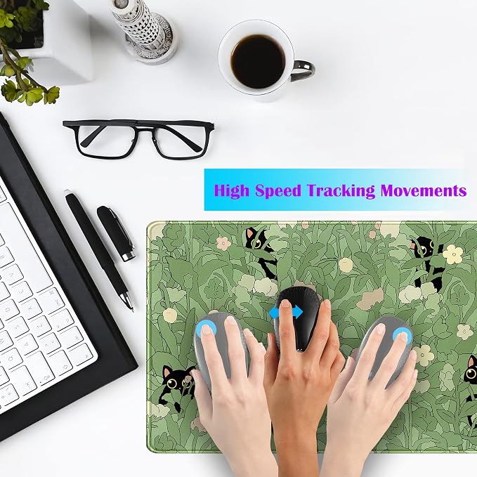 Cute Green Leaves Pink Flowers Mouse Pad Desk Pad Kawaii Anime Cat Desktop - Image 3