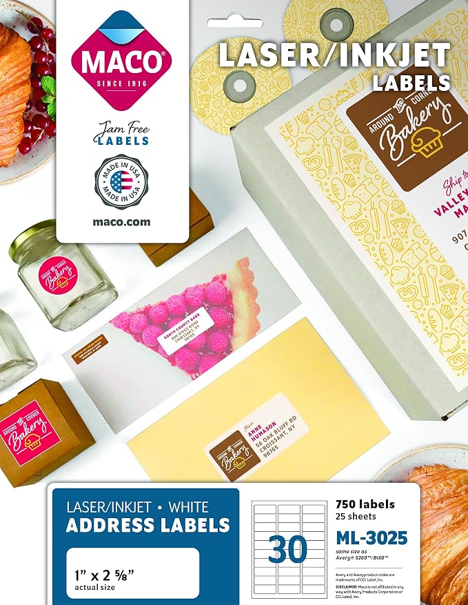 MACO Laser/Ink Jet White Address Labels, 30 per Sheet, 750 per Pack by Maco