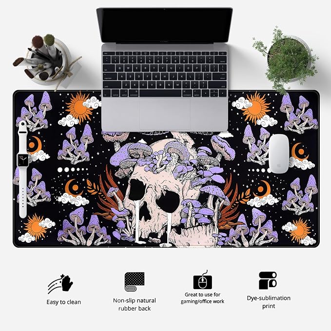 Black Mouse Pad Mushroom Desk Pad Skull Skeleton Purple Pc Laptop Office - Image 2