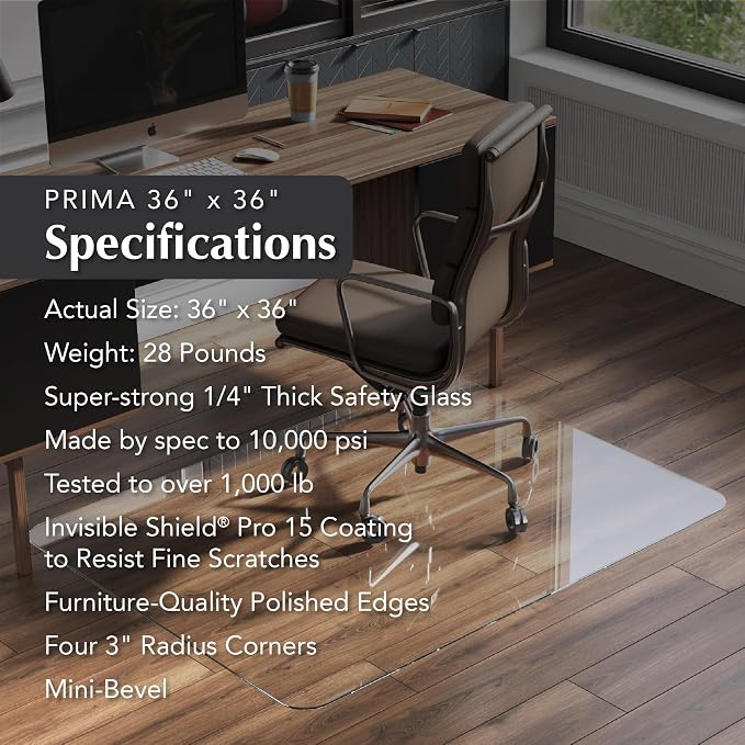 Vitrazza Glass Chair Mat 36” x 36” Superior ¼" Thick, Chiaro Standard Clear - Image 4