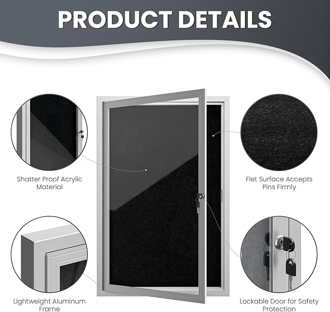 36"x24" Lockable Enclosed Bulletin Board, Outdoor Flet Weather-Resistant - Image 5