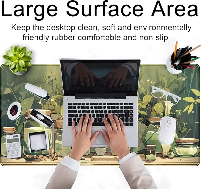 Cute Desk Mat Green Plant Cat Kawaii Sage Mouse Pad Gaming XXL Large Mousepad - Image 4