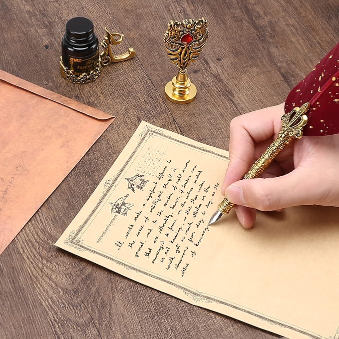 Junhartt Quill Feather Pen and Ink Set, Calligraphy Pen Glass Dip Pen and Wax - Image 3