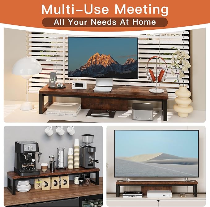 HEWORLIF Dual Monitor Stand Riser, Wood and Steel Monitor Riser, Long Computer - Image 4