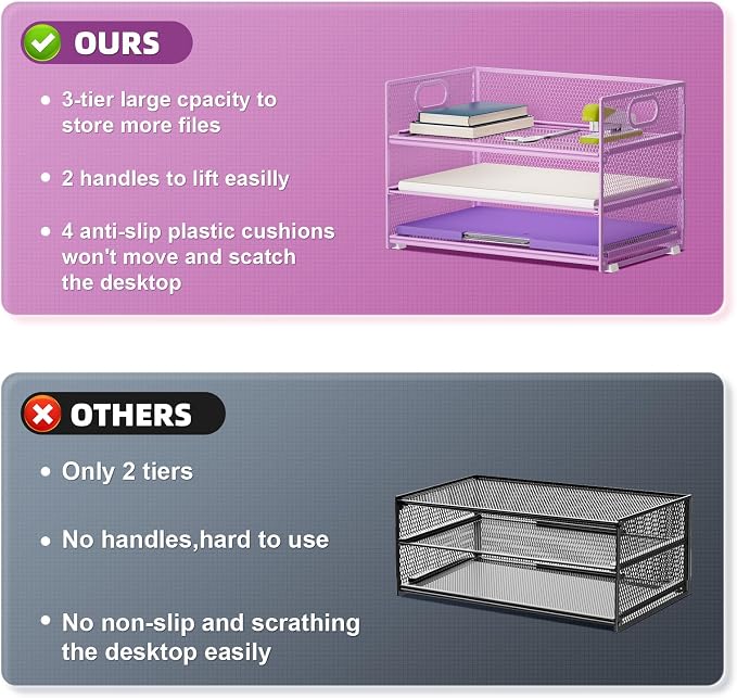Marbrasse 3 Tier Paper Organizer Letter Tray, Mesh File Organizer - Image 2