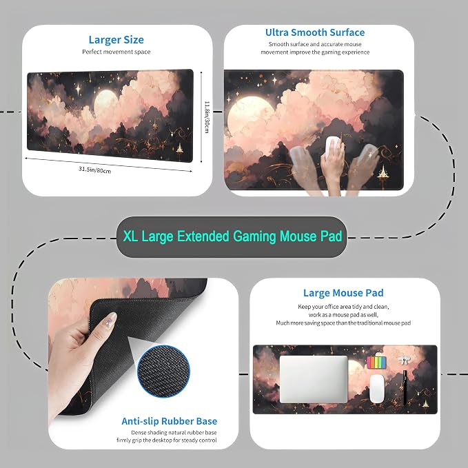 Black Pink Clouds Desk Mat Cute Desk Pad XL Large Extended Mouse Pad Gaming - Image 4