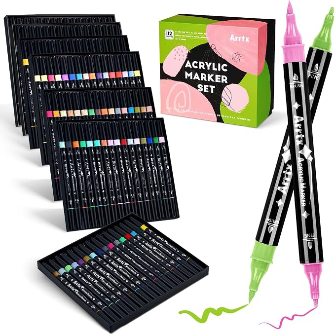 Arrtx Dual Tip Acrylic Markers 112 Colors, Brush and Fine Tip Acrylic Paint by Arrtx