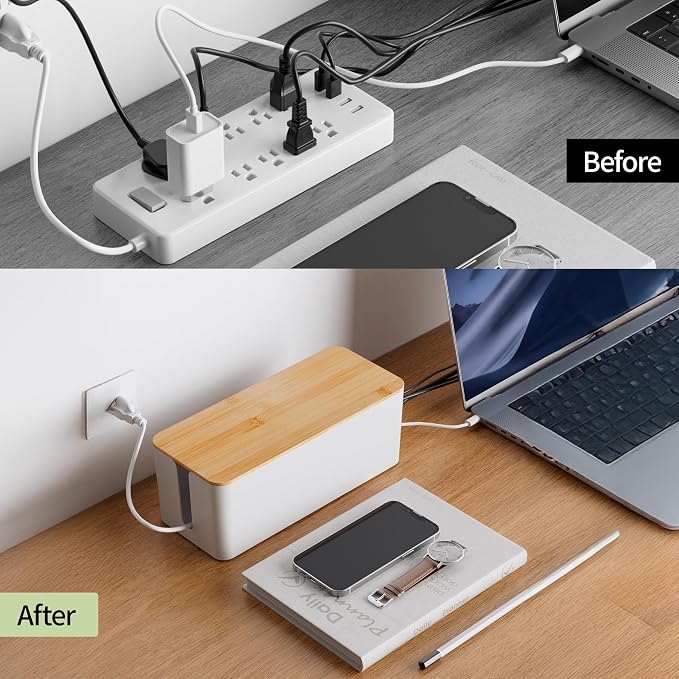 YECAYE 2 Pack Cable Management Box, Wooden Lid & Plastic Body, Medium and Small - Image 2