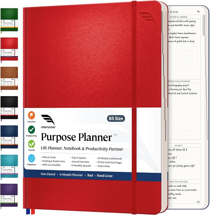 Roterunner Purpose Planner Notebook B5 7.5”x9.8” Undated Planner 2025 Daily by Roterunner