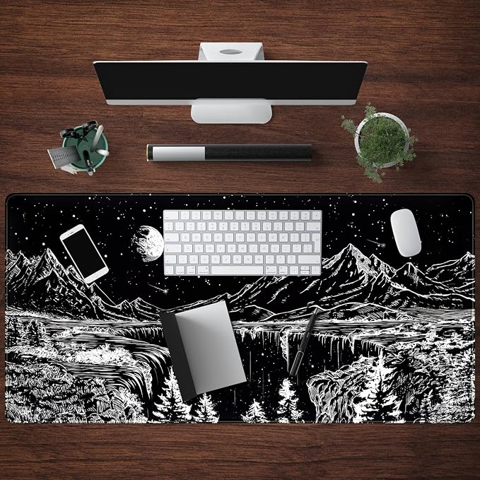 Black and White Desk Mat Dark Nature Forest Mouse pad XXL Starry Night Mountain - Image 4