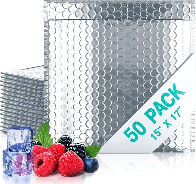 Amiff Silver Thermal Bubble Mailer, 15 x 17 Inches. 50 Pack Metallic Bubble by AMIFF