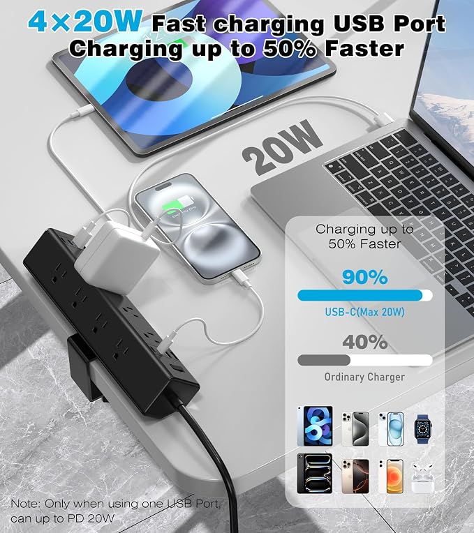 Desk Clamp Power Strip, 40W Total Fast Charging Station, Desk Edge Mount Power - Image 2