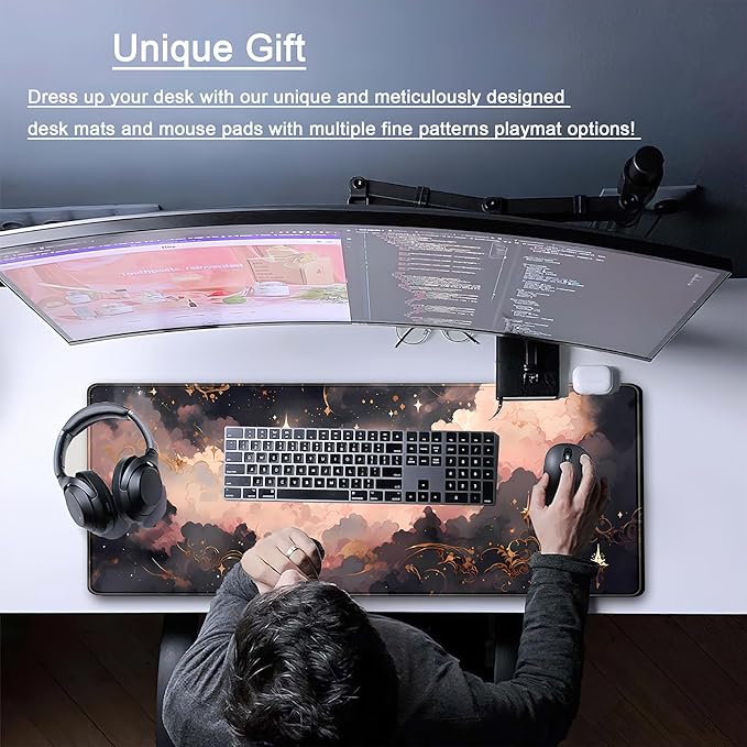 Black Pink Clouds Desk Mat Cute Desk Pad XL Large Extended Mouse Pad Gaming - Image 2