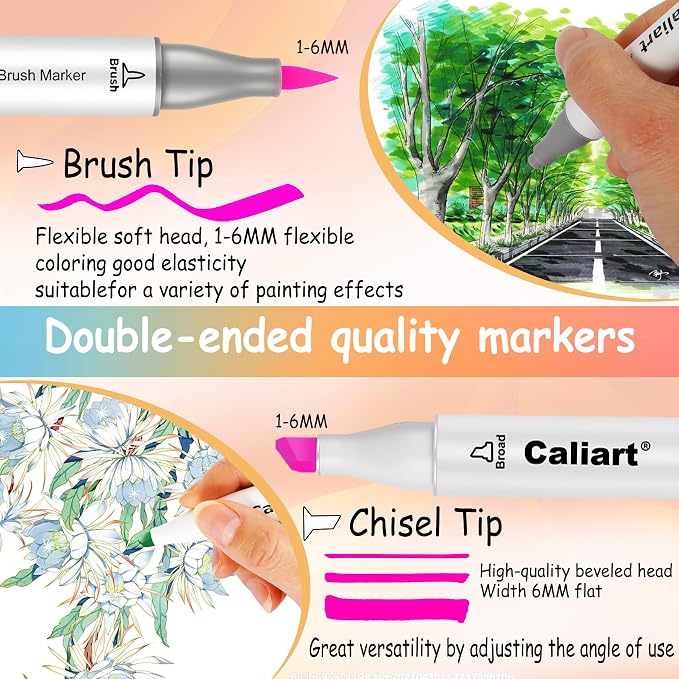 Caliart Alcohol Markers Brush Tip, 51 Colors Dual Tip Artists Coloring Markers - Image 3