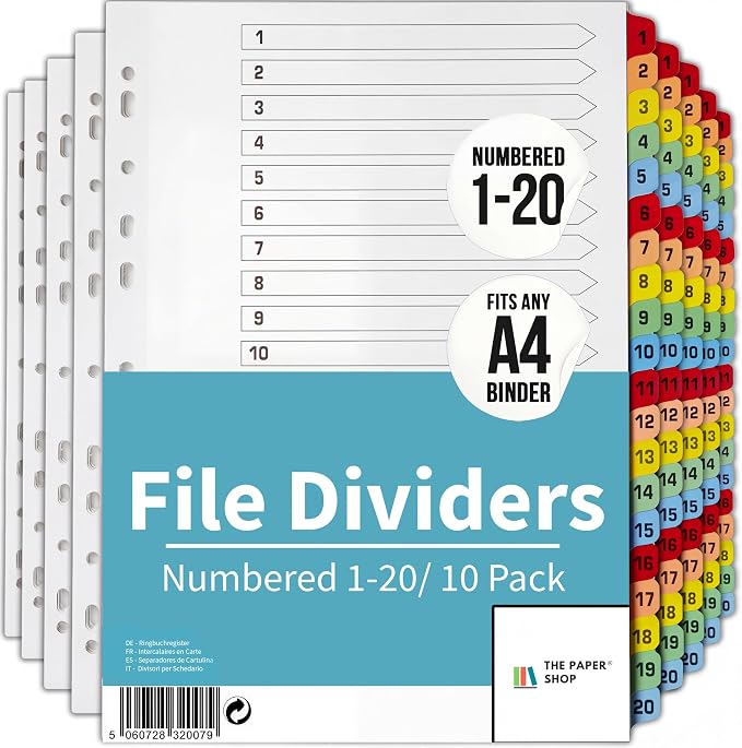Binder Dividers with Tabs 1-20 Numbered – A4 | Dividers by ThePaperShop