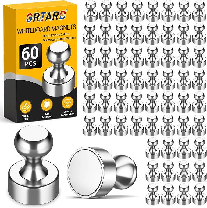 Grtard 60 Pack Magnetic Push Pins, Fridge Magnets by Grtard