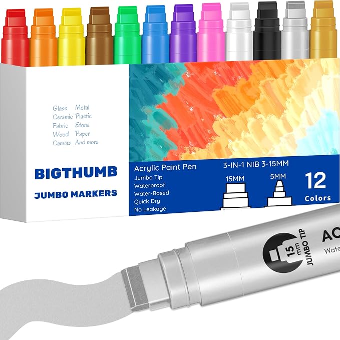 BIGTHUMB Jumbo Poster Markers Set: 12 Colors Large 15mm Wide Tip Permanent Ink by BIGTHUMB