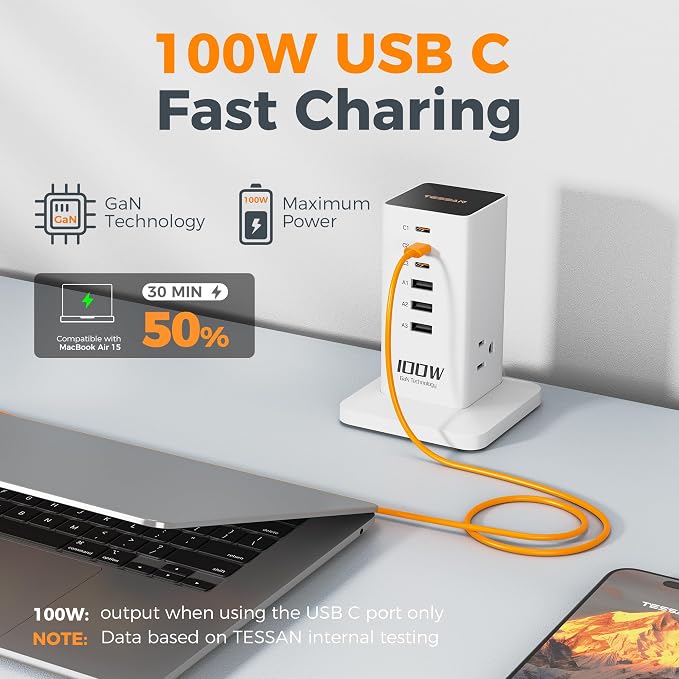 Charging Station PD 100W, TESSAN 9-in-1 USB C Power Strip - Image 4